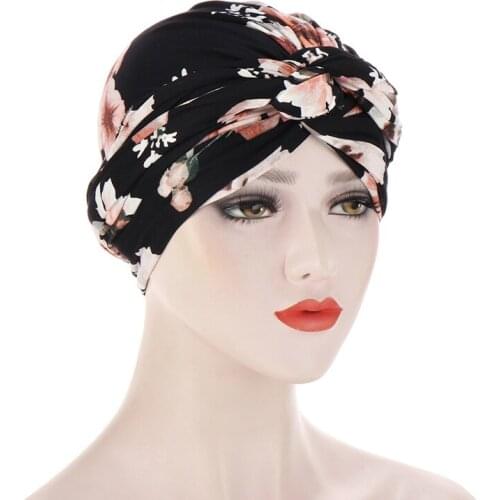 2021 Women Tie Turban Hat Flowers Printed Bohemian Knot Turban African Twist Headwrap Ladies India Hats For Women Muslim Cap