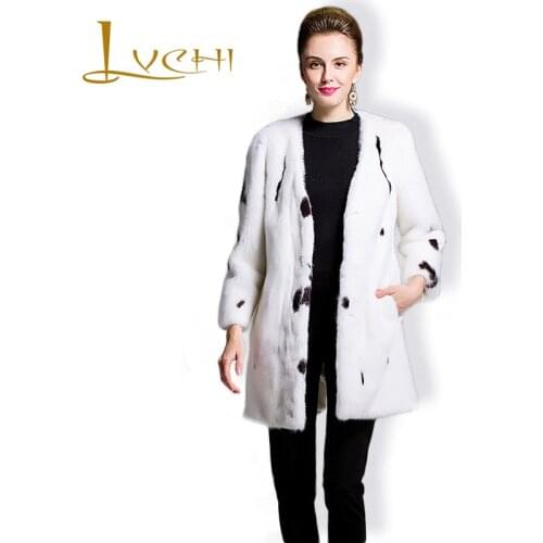 LVCHI Brand 2019 Genuine Fur Womens Jacket V-Neck Real Fur Coats For Women Full Pelt Long Fur Leather Coat Polka Dot Mink Coat