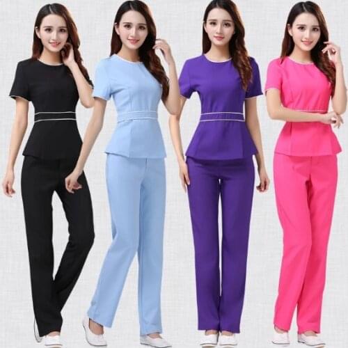 Womens Fashion Uniforms SPA Beautician Nurse Workwear Chiffon Spa Tunic Set High-quality Round Collar Top + Pants
