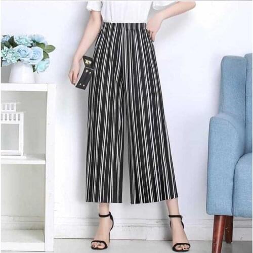 Korean Fashion Wide Leg Pants for Women Casual Slim Straight Loose Pants Skirt Cropped Striped Trousers Harajuku Plus Size