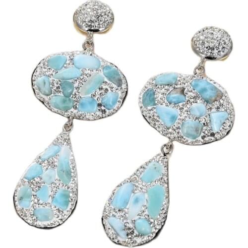 GG Jewelry Natural Blue Larimars Nugget CZ Paved Crystal Dangle Stud Earrings Silver CZ Geometric Earrings For Women