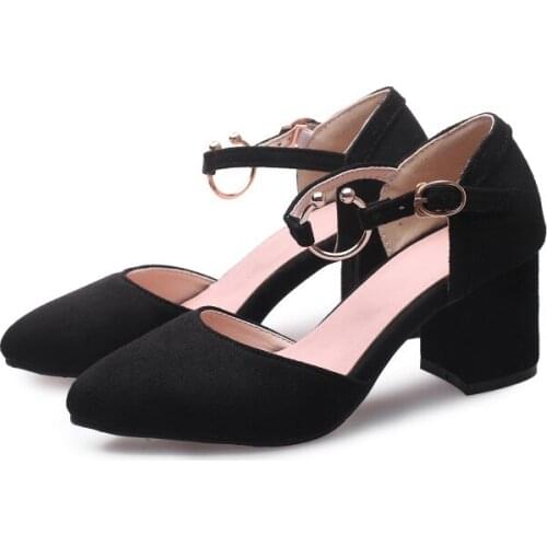 Big Size Ladies high heels women shoes woman pumps One-word buckle Rough-heeled single shoes