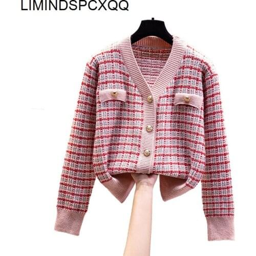 Plaid Sweater Cardigan Women V-Neck Knitted Long Sleeve Sweaters Single-breasted Sweater Crop Tops Korean Fashion Style Spring
