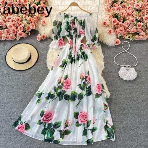 2021 New Summer Bohemian slash neck puff sleeve Dress Edible Tree Fungus edge high waist pleated print mid-long A-line Dress