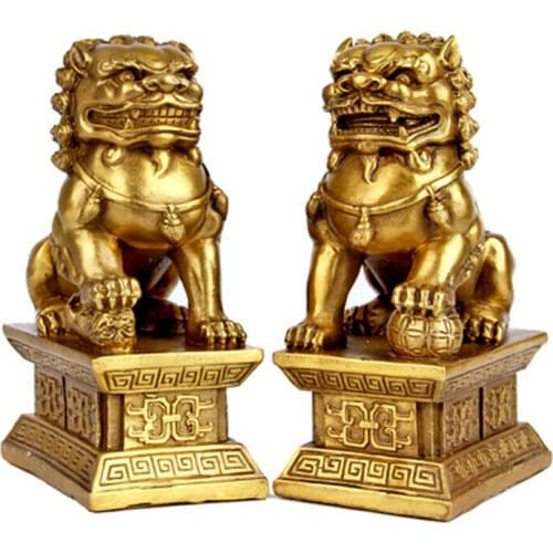 15cm Archaic lion brass statue Fu Foo Dog fengshui Door guard lions Statues pair