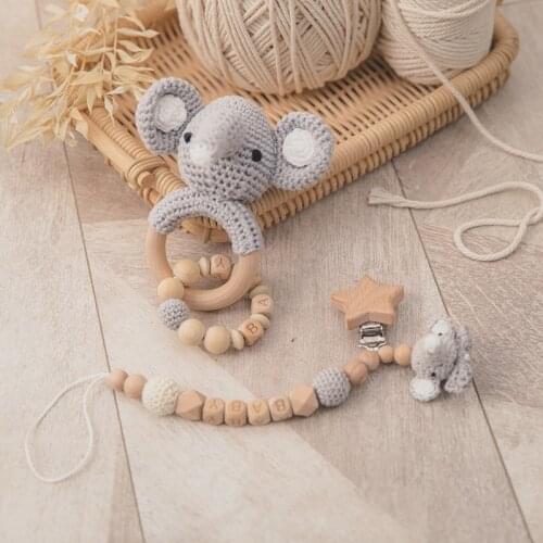 2 pcs/set Baby Pacifier Chain Toys Wooden Pram Clip Baby Pram Silicone Bead Pacifier Chain Chewable Rattle Baby Wooden Teether