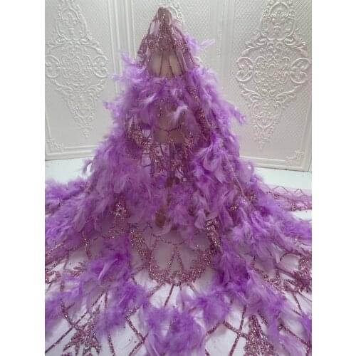 5yards/pc) Glued stones glittering tulle lace fabric appliqued with feathers lilac purple African French net lace FXZ105