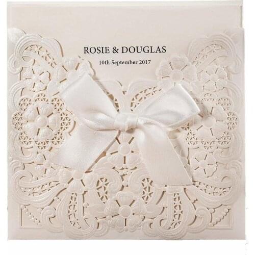 50Pcs Ribbon White Laser Cut Wedding Invitations, Wedding Cards Birthday Card Matched with RSVP & Thank You Card and Envelopes