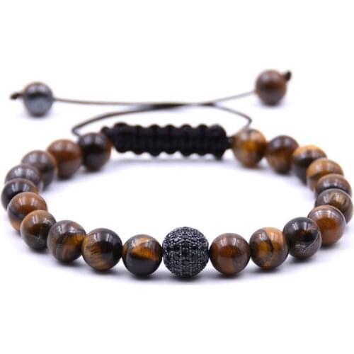 Tiger Eye Natural Stone Bracelets & Bangles For Women Men CZ Ball Metal Adjustable Bracelet Jewelry Love Gift Pulseras ZB213