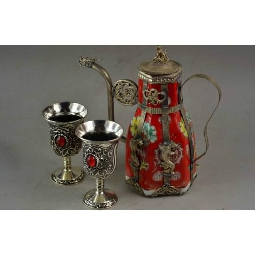 Decorated Hand Porcelain Miao Silver Carve Leopard Flower Rare Tea Pot Cup /2