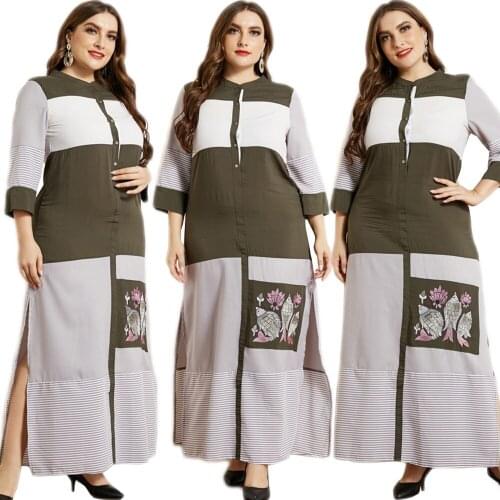 Dubai Casual Muslim Women Long Dress Plus Size Patchwork Arab Kaftan Abaya Turkish Single Breast Middle East Islam Spring Summer