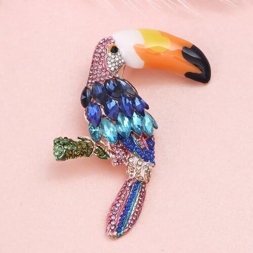 FARLENA Jewelry Blue Crystal Big Mouth Parrot Painted Brooches pins for Women Dress Accessory Fashion Rhinestones Large Brooch
