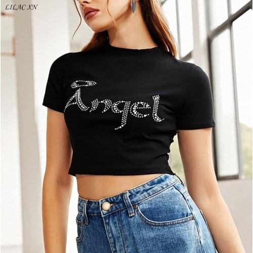 Goth Diamonds Letter Angel Sexy Crop Top Womens T-Shirts Short Sleeve O-Neck Streetwear Summer New Fashion Clothing Party 2021