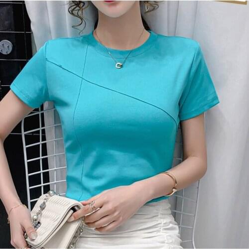 Cotton T shirt Solid Women T-shirt 2021 Short Sleeve O Neck Korean Casual Soft Solid Slim Folds Tshirt Femme Tees Womens Tops