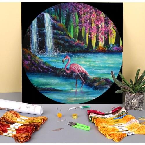 Natural Scenery Flamingo Falls Printed Canvas 11CT Cross-Stitch DIY Embroidery Kit DMC Threads Craft work Promotions