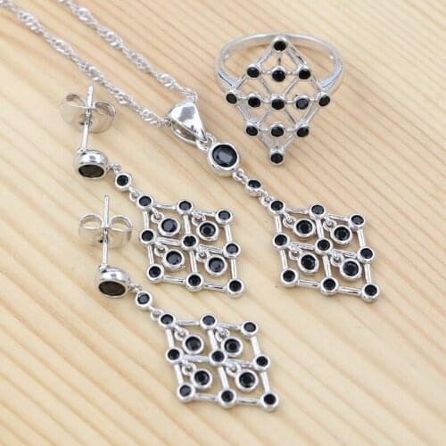 Earrings 925 Silver Punk Jewelry Sets For Women Anniversary Gift Black Cubic Zirconia Ring Earrings Pendant Necklace