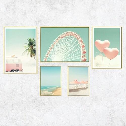 Small Fresh Photo Wall Combination Decorative Painting Pink Balloon Sunny Beach Landscape Poster Dining Room Bedroom Pictures