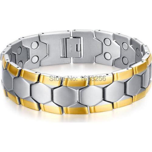 316L stainless steel Magnetic Therapy healthly bangle Mens Bracelet 18mm 8.26'' Gold for father / husband gifts