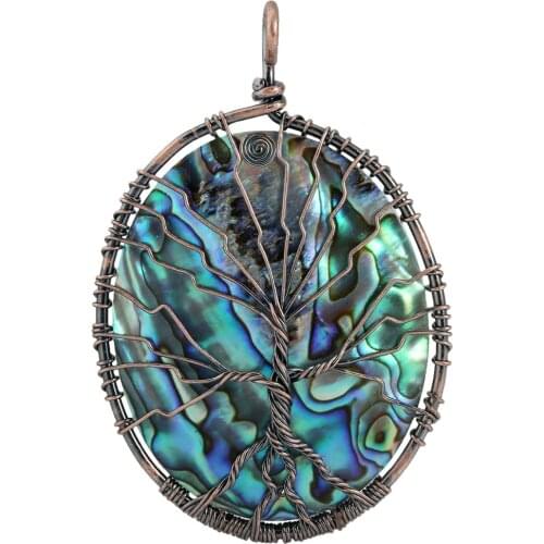 Oval Abalone Shell Twine Tree of Life Pendant Handmade Copper Wire Wrapped Reiki Symbol Jewelry