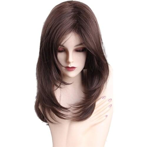 20" Women Cosplay Synthetic Long Straight Side Parting Full Hair Wigs Brown
