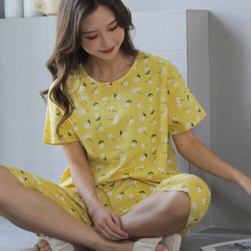 Full Cotton Sleepwear Set Short Sleeve Cropped Trouser Two Piece Pajamas Suit Floral Print Students Nightwear Pijama De Mujer