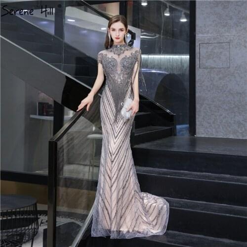 Dubai Luxury High-end Sexy Evening Dresses 2020 Champagne Grey Beading Tassel Formal Dress Serene Hill LA60811