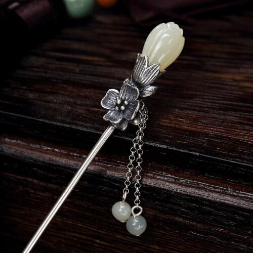 925 Sterling Silver Hair Stick Vintage Flower Natural Stone Handmade Bridal Tiara Tassel Traditional Chinese Hair Accessories