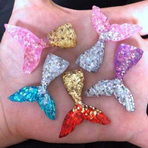 Resin Glitter 3D Colorful Mermaid Fish Tail Flat Back Rhinestone Appliques 8pcs Scrapbook DIY Crystal Decor Figurine Craft