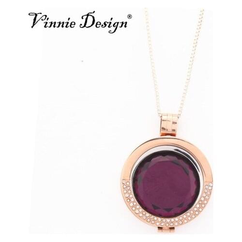 Vinnie Design Jewelry Wine Red Glass Coin Necklace in the Rose Gold Moneda Pendant with Halo Chain