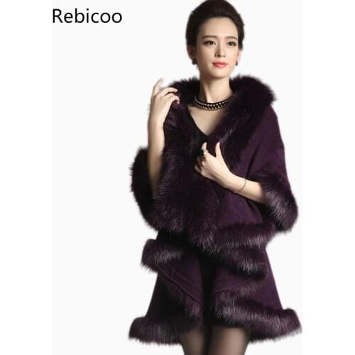 Women Faux Fur Coat Long Cardigan Sweater Cape Shawl Luxury Faux Fur Collar Knitted Sweater Autumn/winter Capes And Poncho