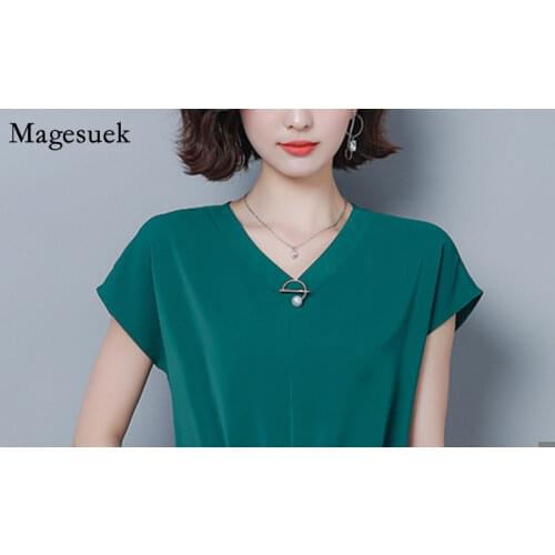 Summer New Plus Size Loose Chiffon Blouse Women Casual Bat Short Sleeve V-neck Lady Office Shirt Solid Elegant Tops Blusas 9051