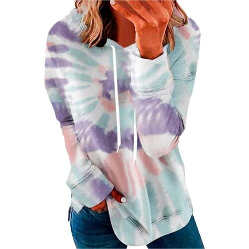 Femme Vintage Paisley Tie Dye Sweatshirt Autumn Harajuku Long Sleeve Hoodies Korean Draw String Pullover Simple Round Neck Top