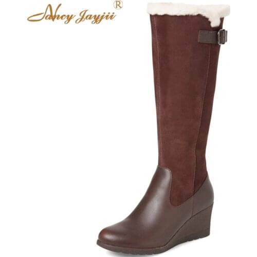 2021 Woman Winter Fashion Brown Genuine Leather Wedges Heel Knee High Zipper Boots Basic Shoes Women Big Size 45 37 39 Warm