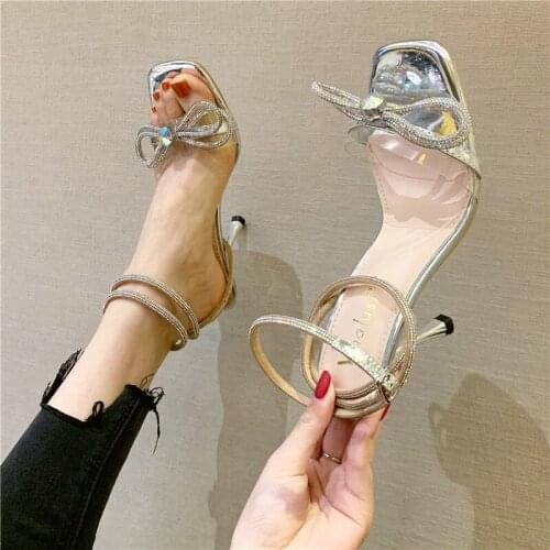 2021 New High-heeled Shoes Women Summer Open-toe Temperament Fine Heels Wear Fashion Rhinestone Shoes