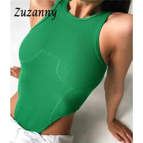 Zuzanny Rib Knit Bodysuit Women Sleeveless Casual Tank Tops 2021 Off Shoulder Bodycon Jumpsuit Green Summer Sexy Femme Body