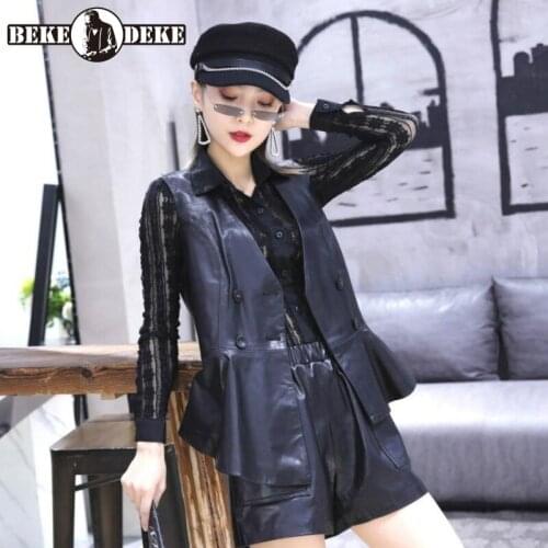 Short Waistcoat Women Spring Sheepskin Asymmetric V-Neck Double-Breasted Vests Korean Female Sleeveless Jackets Real Leather