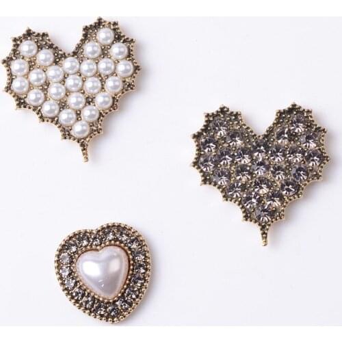10 Pieces/Lot Metal Heart Shape Rhinestone Pearl Applique Buttons Charm DIY Handmade Accessories