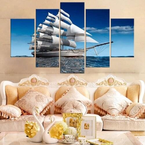 5 Piece Wall Art Canvas Painting Seascape A Sailboat Drifting in the Ocean Poster Modern Decor Furniture Bedroom Pictures