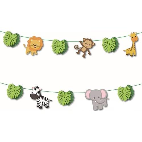 Jungle Party Banner Animal Bunting Forest Safari Zoo Garland for Kids Birthday Party Decoration Wild One Baby Shower Supplies