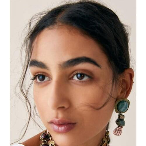 Bohemian Ethnic Long Drop Earrings Women Jewelry Metal Za Earrings Femme Luxury Retro Green Natural Stone Dangle Earrings Female