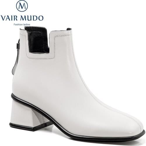 VAIR MUDO Women Ankle Boots Shoes White Work & Safety Concise White Black Cow Leather Round Toe Boot Women Female ShoesWM-X100-C