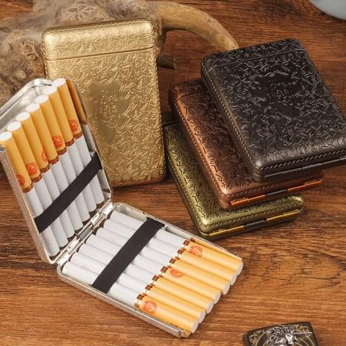 Metal Hand-carved Cigarette Case for 14 Man Cigarettes Retro Smoke Box Cigarette Flick Case Holder Smoking Tools 5 Color Gifts