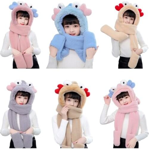 Children Kids Winter Warm 3 In 1 Faux Fleece Hooded Scarf Hat Gloves Set Cute 3D Crab Ears Legs Windproof Thermal Earflap Cap Ne