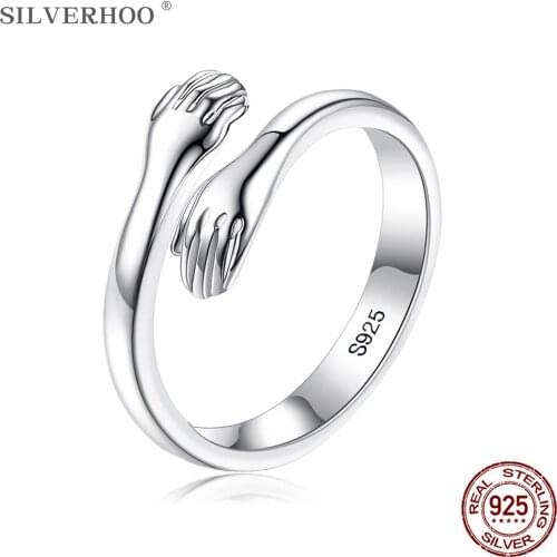 SILVERHOO Hand made Finger Ring For Women 925 Sterling Silver Both Hands Hug Shape Rings Simple Warm And Sweet Gift Fine Jewelry