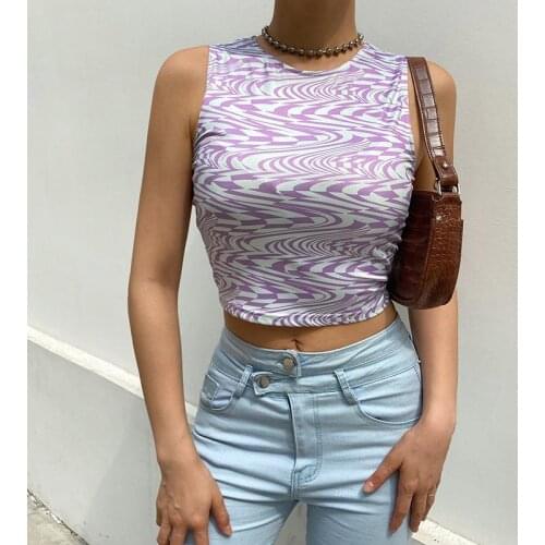 Slim Crop Top Tank Sleeveless Sexy Bodycon Cropped Vest Wave Print Midriff Camisole Women Corset Top Fashion Streetwear Summer