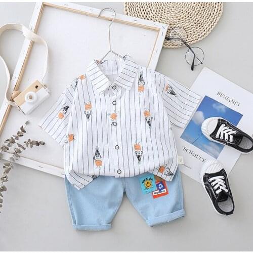 Summer Kids Boys Short Sleeve Clothing Set 1 2 3 4 5 Years Toddler Fashion Cartoon Lapel Children Clothes Stripe Shirt + Pants