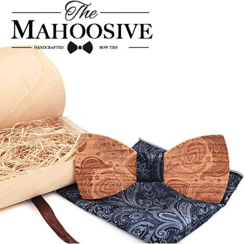Mahoosive Paisley Wood bow tie for men gift Wedding bowtie Necktie Handkerchief Set Pocket Square Marry Butterfly