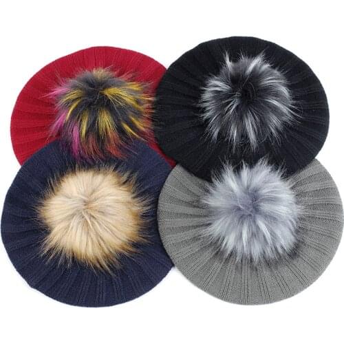Fashion Women Ribbed Beret Hat Solid Color Slouchy Winter Hats Knitted Bonnet Caps For Girls Lady Female With Faux Fur Pompom