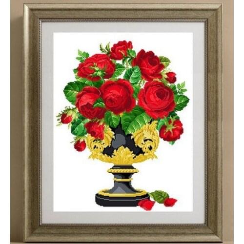 Embroidery Package Hot Sell Best Quality Cross Stitch Kits Rose Red Vase Flower Free Shipping
