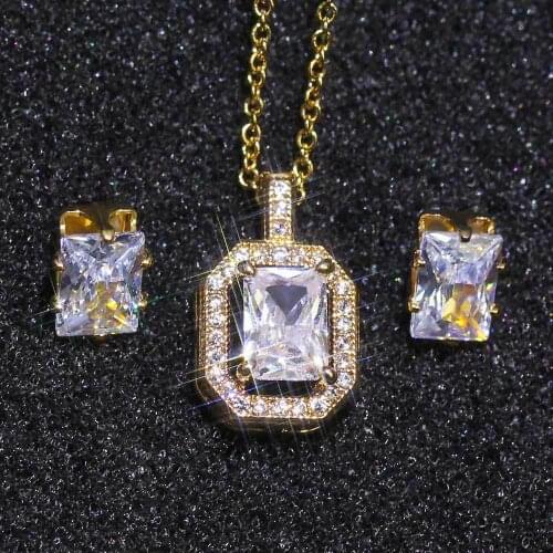 Cute Female Crystal Square Jewelry Set Charm Gold Color Stud Earring For Women Dainty White Zircon Wedding Chain Necklace